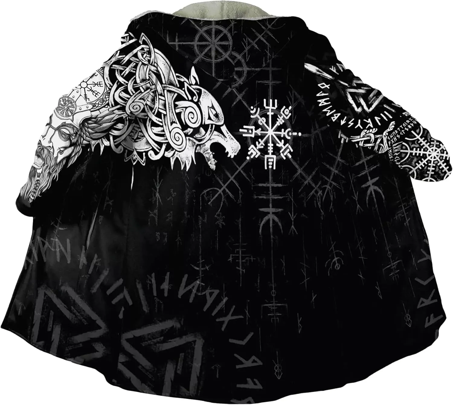 Viking Men's Fall Winter Lightweight Warm Jacket with Hood Norse Myth Fenrir Wolf Cloak Fashion Plus Size Sweater Coat