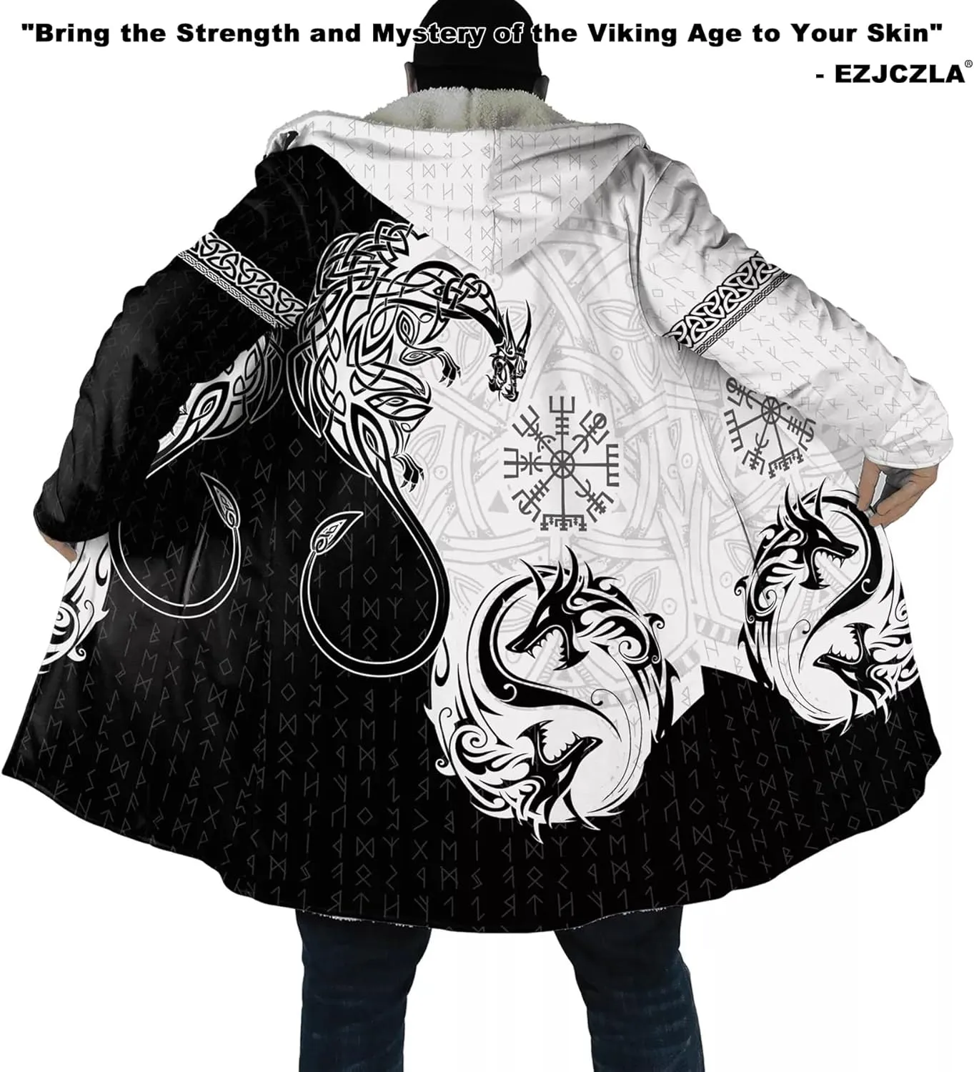 Viking Men's Fall Winter Lightweight Warm Jacket with Hood Norse Myth Fenrir Wolf Cloak Fashion Plus Size Sweater Coat