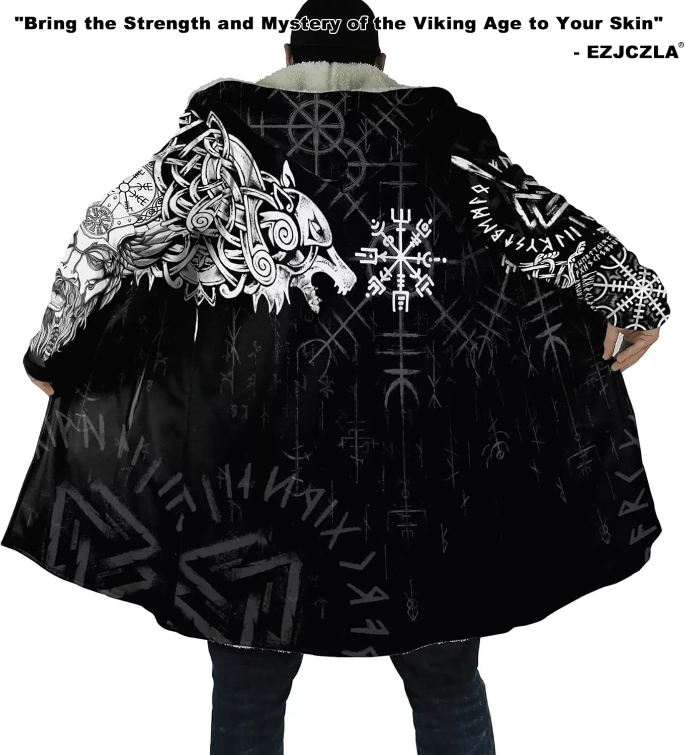 Viking Men's Fall Winter Lightweight Warm Jacket with Hood Norse Myth Fenrir Wolf Cloak Fashion Plus Size Sweater Coat