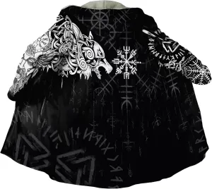 Viking Men's Fall Winter Lightweight Warm Jacket with Hood Norse Myth Fenrir Wolf Cloak Fashion Plus Size Sweater Coat