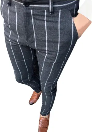 WABEOR Men's Slim Fit Chino Pants Fashion Striped Flat-Front Business Casual Trousers Contrast Color Stretch Skinny Pants Dark Gray