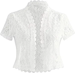 WDIRARA Women's Floral Lace Mesh Sheer Shrugs Short Sleeve Elegant Open Front Cardigan