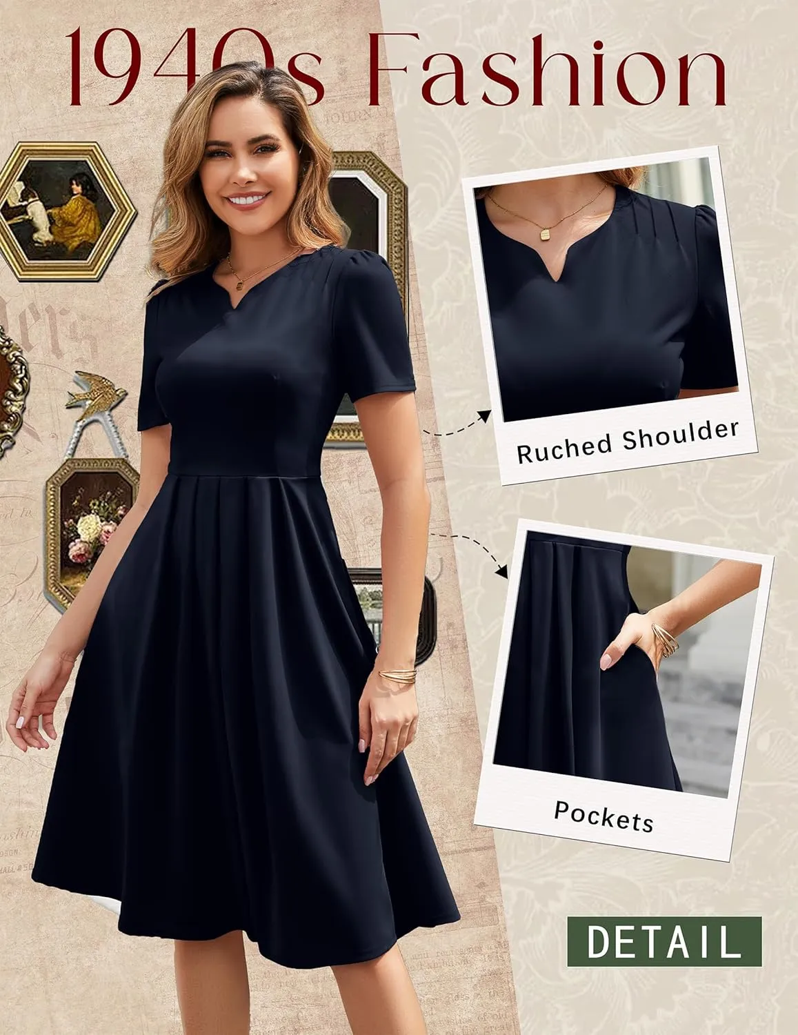 Wedtrend 1950's Vintage Dresses for Women Elegant Church Dress Fit and Flare Dresses Tea Length Cocktail Dress with Pockets