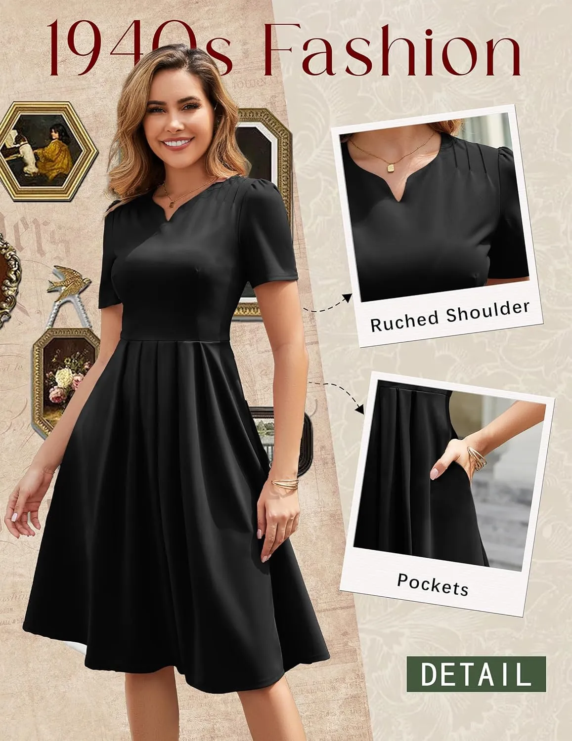 Wedtrend 1950's Vintage Dresses for Women Elegant Church Dress Fit and Flare Dresses Tea Length Cocktail Dress with Pockets