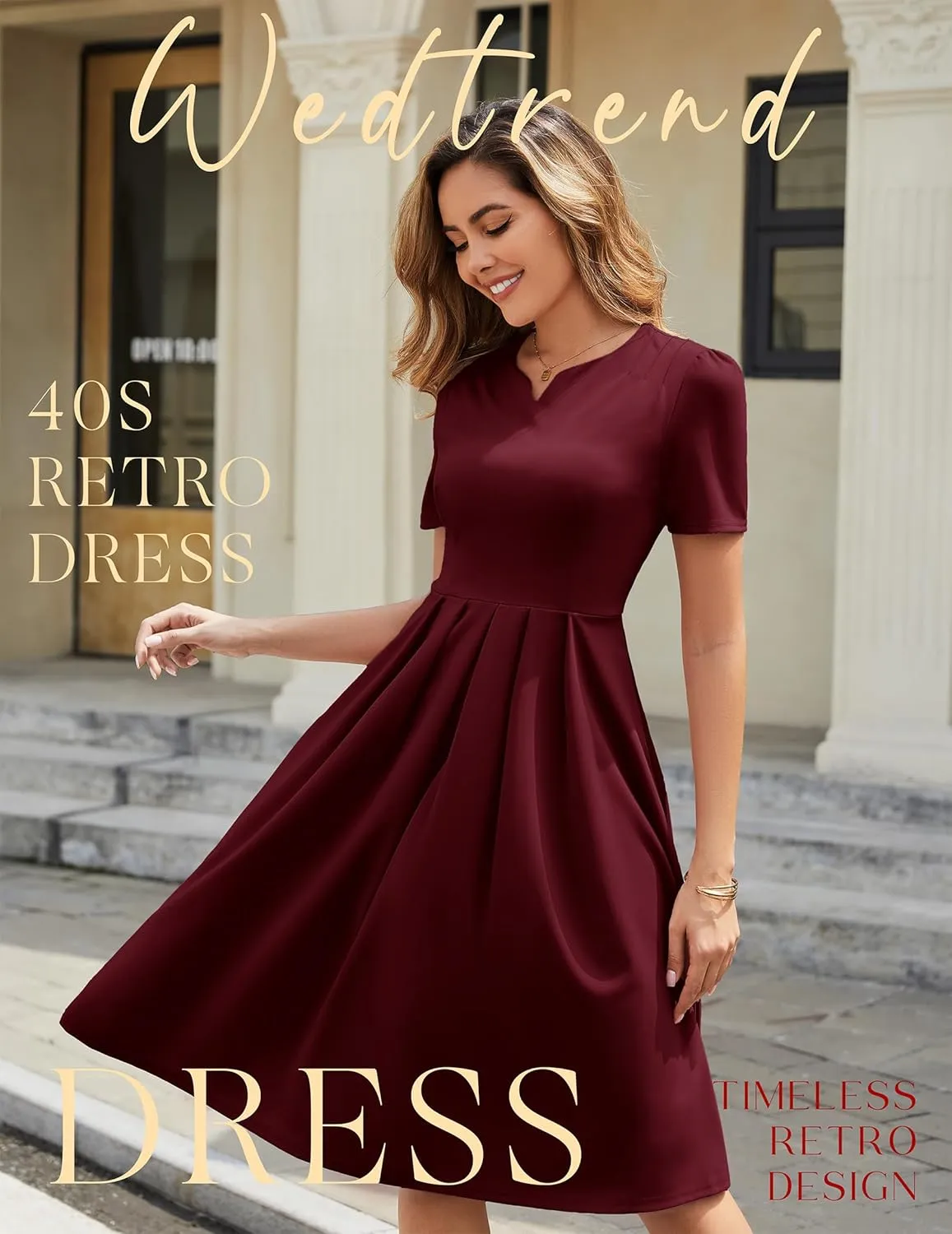 Wedtrend 1950's Vintage Dresses for Women Elegant Church Dress Fit and Flare Dresses Tea Length Cocktail Dress with Pockets