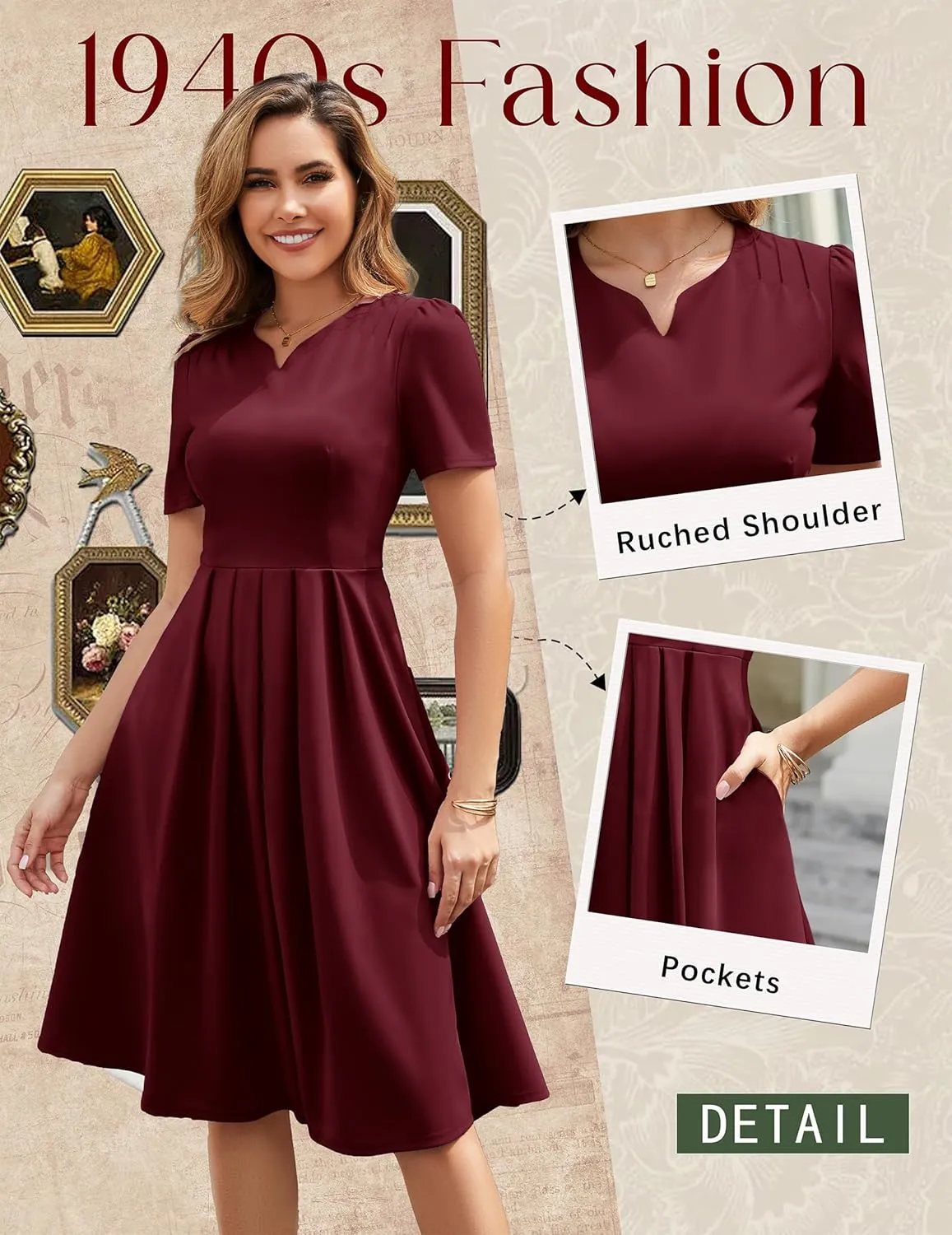 Wedtrend 1950's Vintage Dresses for Women Elegant Church Dress Fit and Flare Dresses Tea Length Cocktail Dress with Pockets