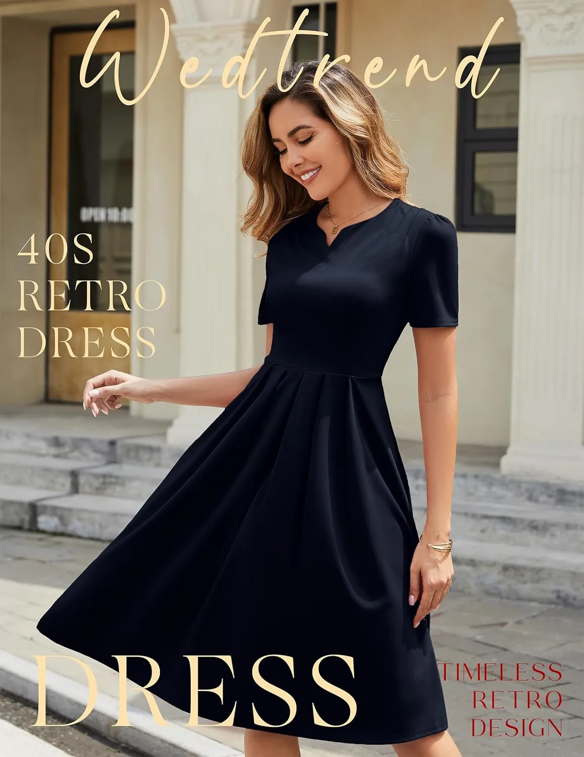 Wedtrend 1950's Vintage Dresses for Women Elegant Church Dress Fit and Flare Dresses Tea Length Cocktail Dress with Pockets