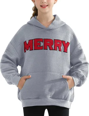 Weixinbuy Unisex Kids Christmas Sweatshirt Merry Graphic Crewneck Kangaroo Pocket Oversized Hoodie for Boys Girls 7-14Y