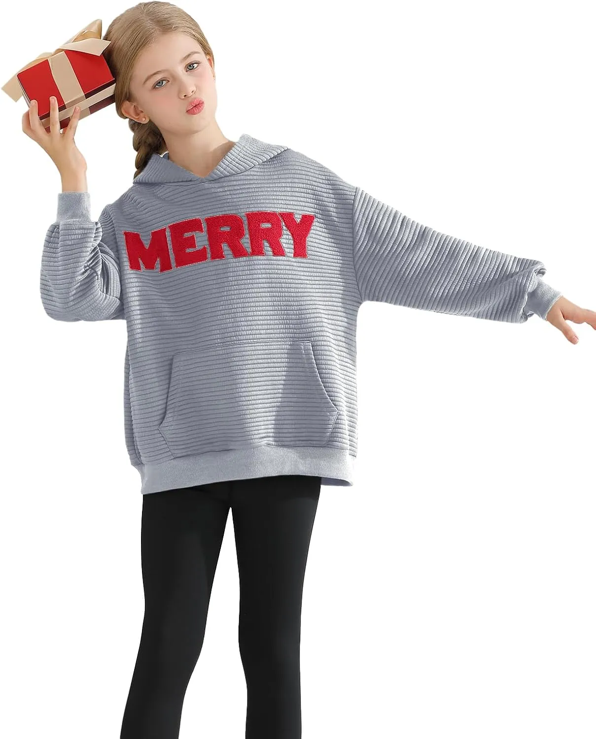 Weixinbuy Unisex Kids Christmas Sweatshirt Merry Graphic Crewneck Kangaroo Pocket Oversized Hoodie for Boys Girls 7-14Y