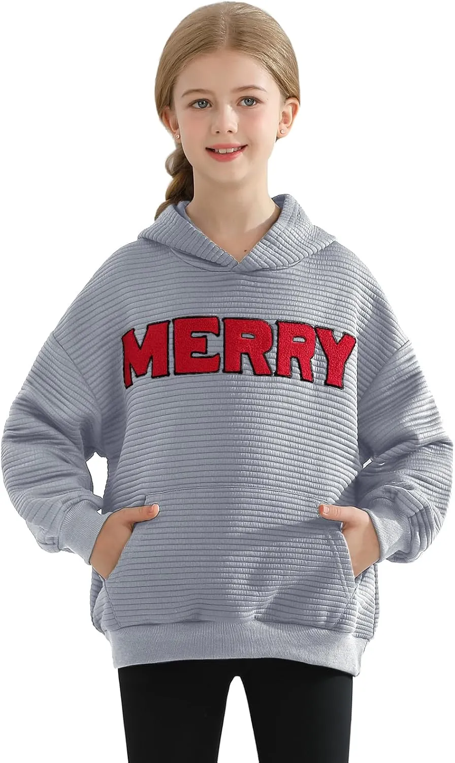 Weixinbuy Unisex Kids Christmas Sweatshirt Merry Graphic Crewneck Kangaroo Pocket Oversized Hoodie for Boys Girls 7-14Y