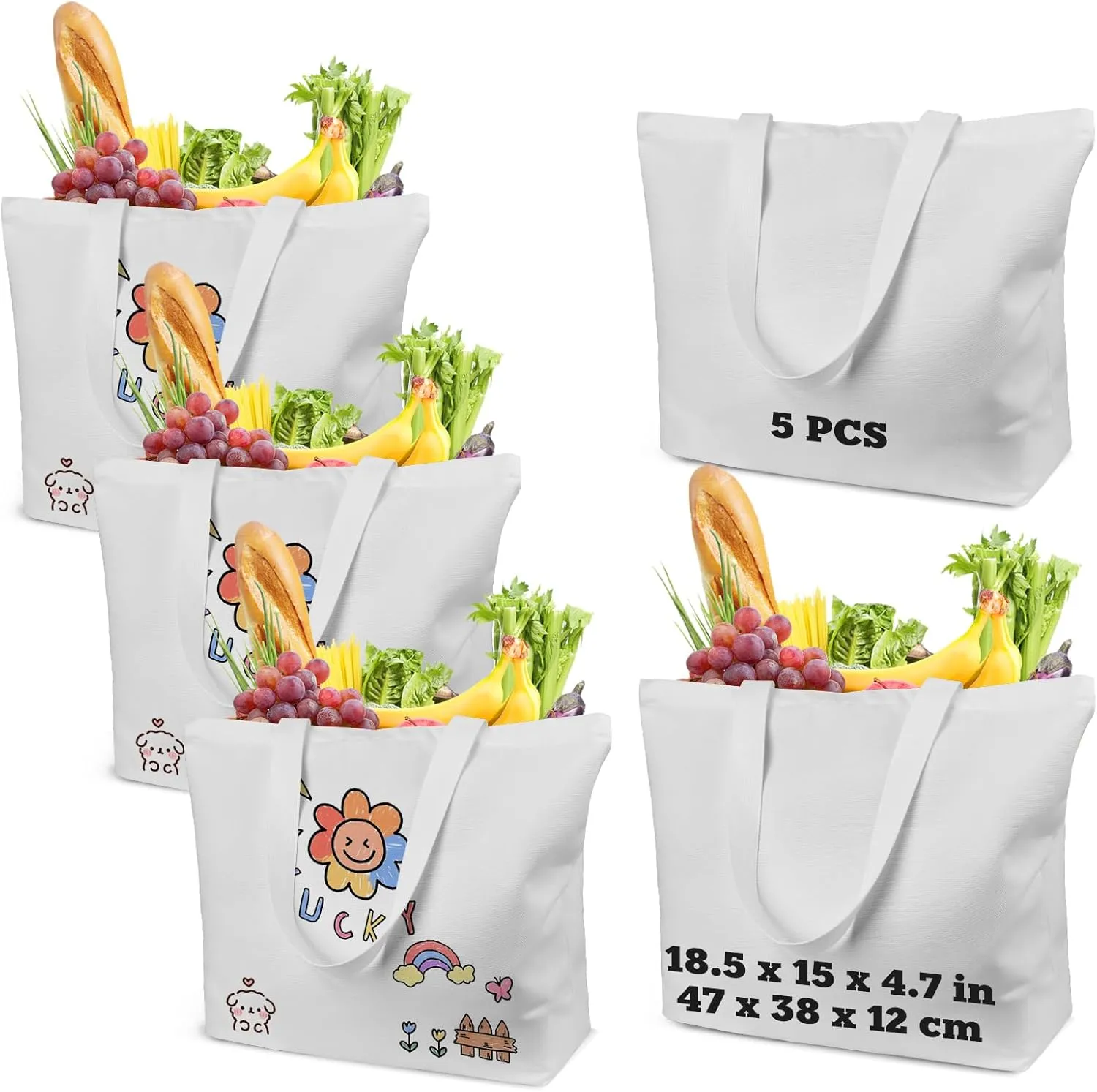WeStar 5 Pack Sublimation Tote Bags Blanks,12oz Heavy-Duty 100% Polyester with Zipper, Long Handles (18.5"x15"x4.7"), Reusable for DIY, Heat Transfer, Gym, Travel, Business Branding