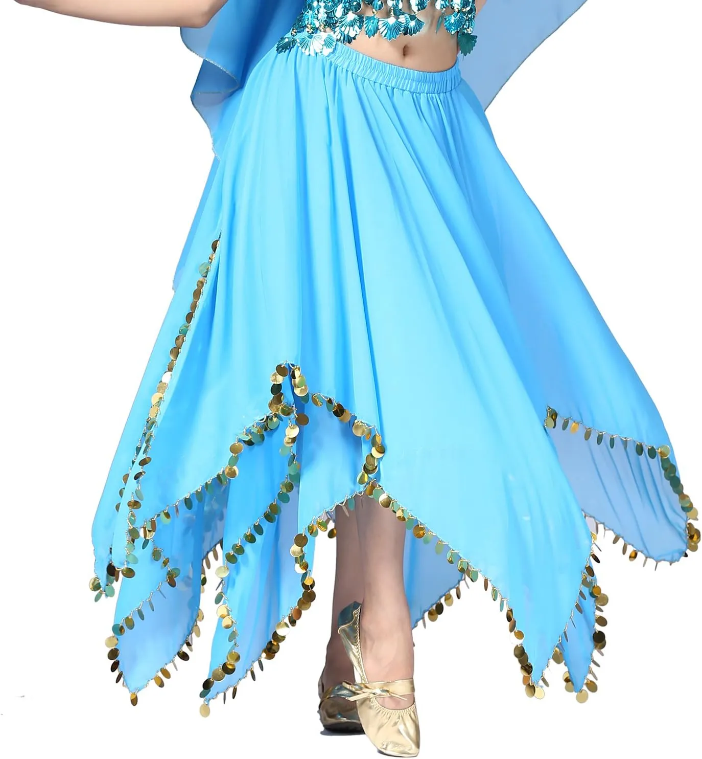 Whitewed Long Handkerchief Skirts Costume Belly Dance Chiffon with Paillettes
