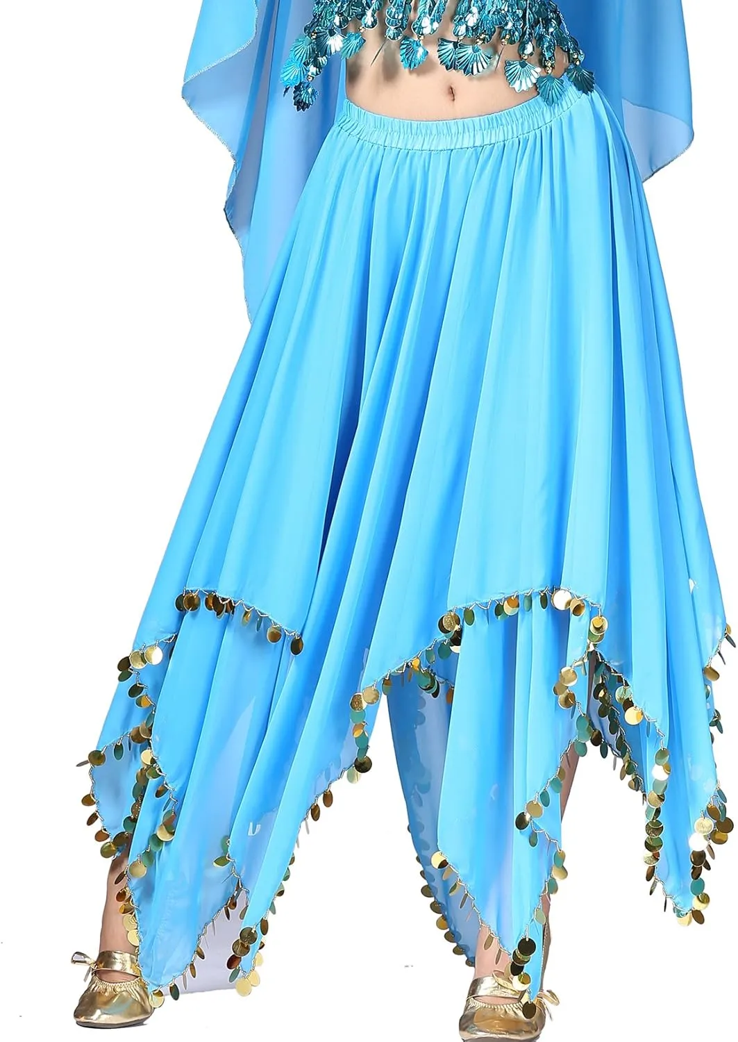 Whitewed Long Handkerchief Skirts Costume Belly Dance Chiffon with Paillettes