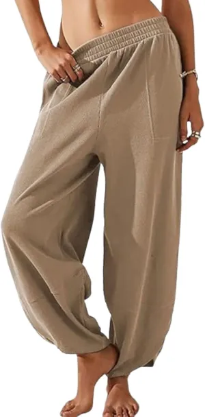 Wide Leg Harem Pants for Women Elastic Waist Casual Loose Pants Baggy Solid Palazzo Comfort Trousers with Pockets