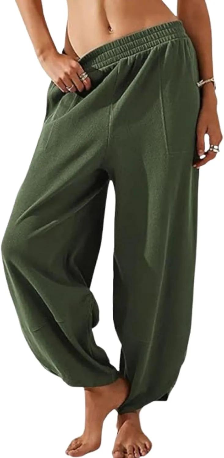 Wide Leg Harem Pants for Women Elastic Waist Casual Loose Pants Baggy Solid Palazzo Comfort Trousers with Pockets