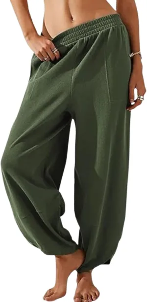 Wide Leg Harem Pants for Women Elastic Waist Casual Loose Pants Baggy Solid Palazzo Comfort Trousers with Pockets