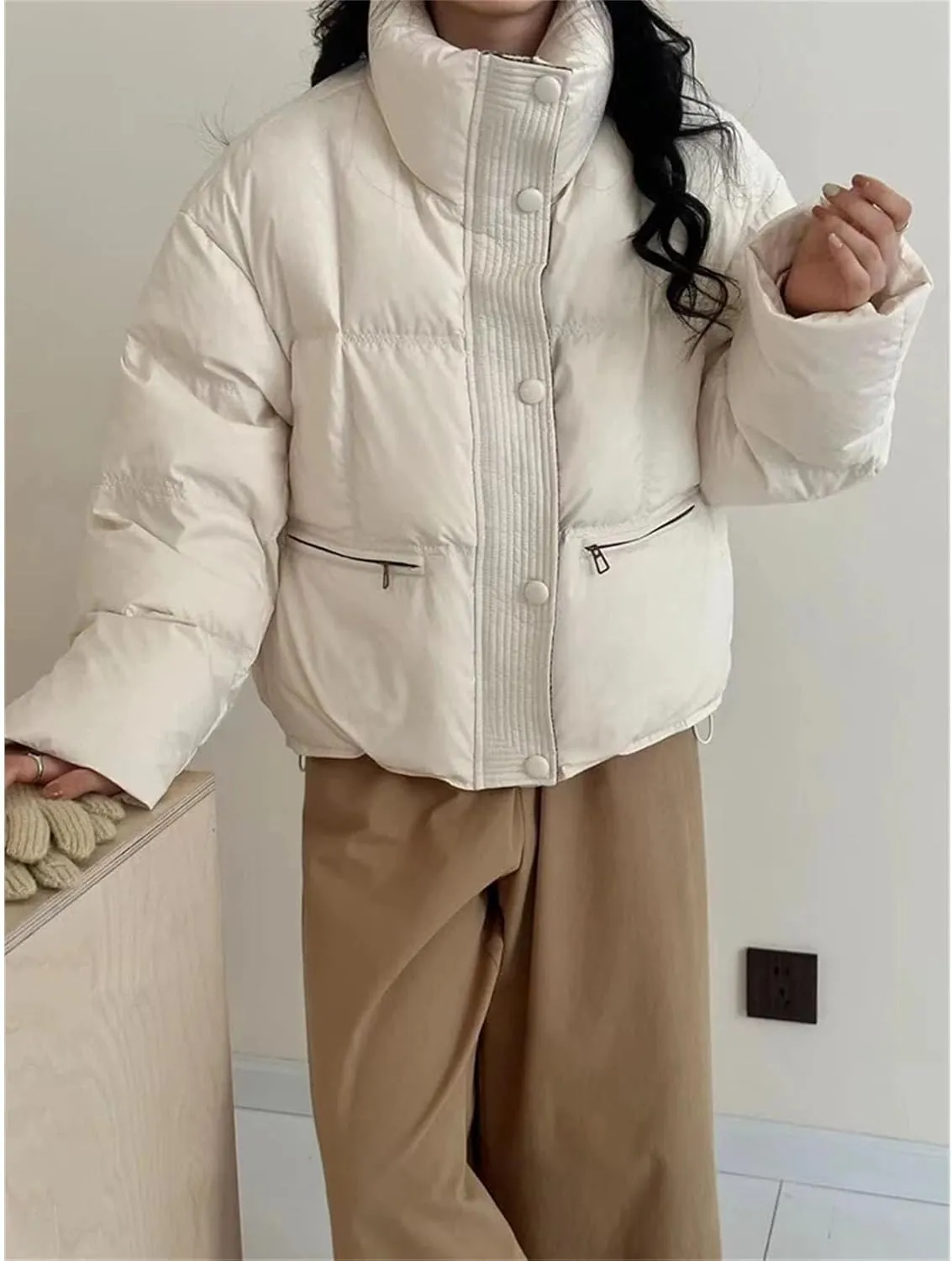 Winter White Duck Down Jacket Women Cotton-padded Clothes Short Stand Collar Thicken Bread Female Down Coat