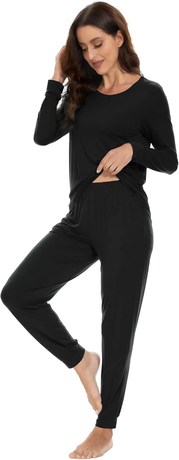 WiWi Viscose from Bamboo Women's Long Sleeve Pajama Sets Sleepwear with Jogger Pajamas Pants Soft Lounge Set Loungewear S-XXL