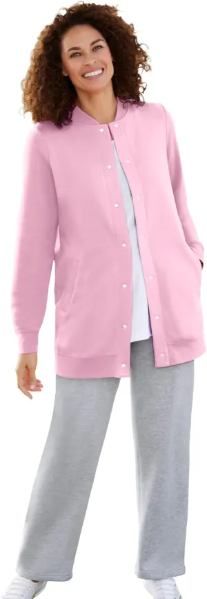 Woman Within Plus Size Fleece Baseball Jacket Long Oversized Fleece Coat