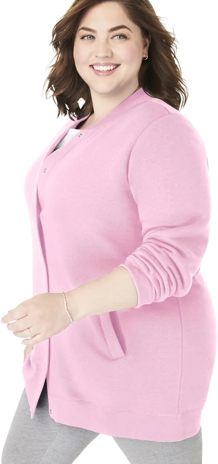 Woman Within Plus Size Fleece Baseball Jacket Long Oversized Fleece Coat