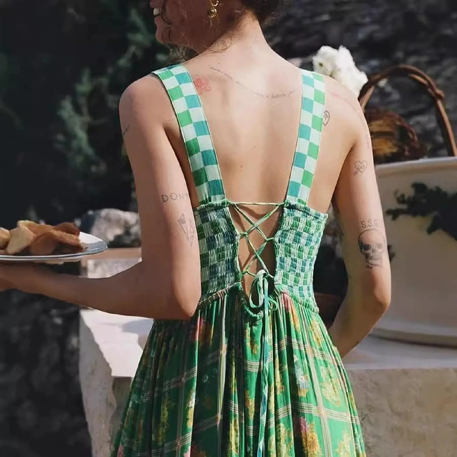 Women Boho Floral Long Dress Graffiti Backless Cami Dress Flowy Sleeveless Maxi Sundress Summer Holiday Beachwear