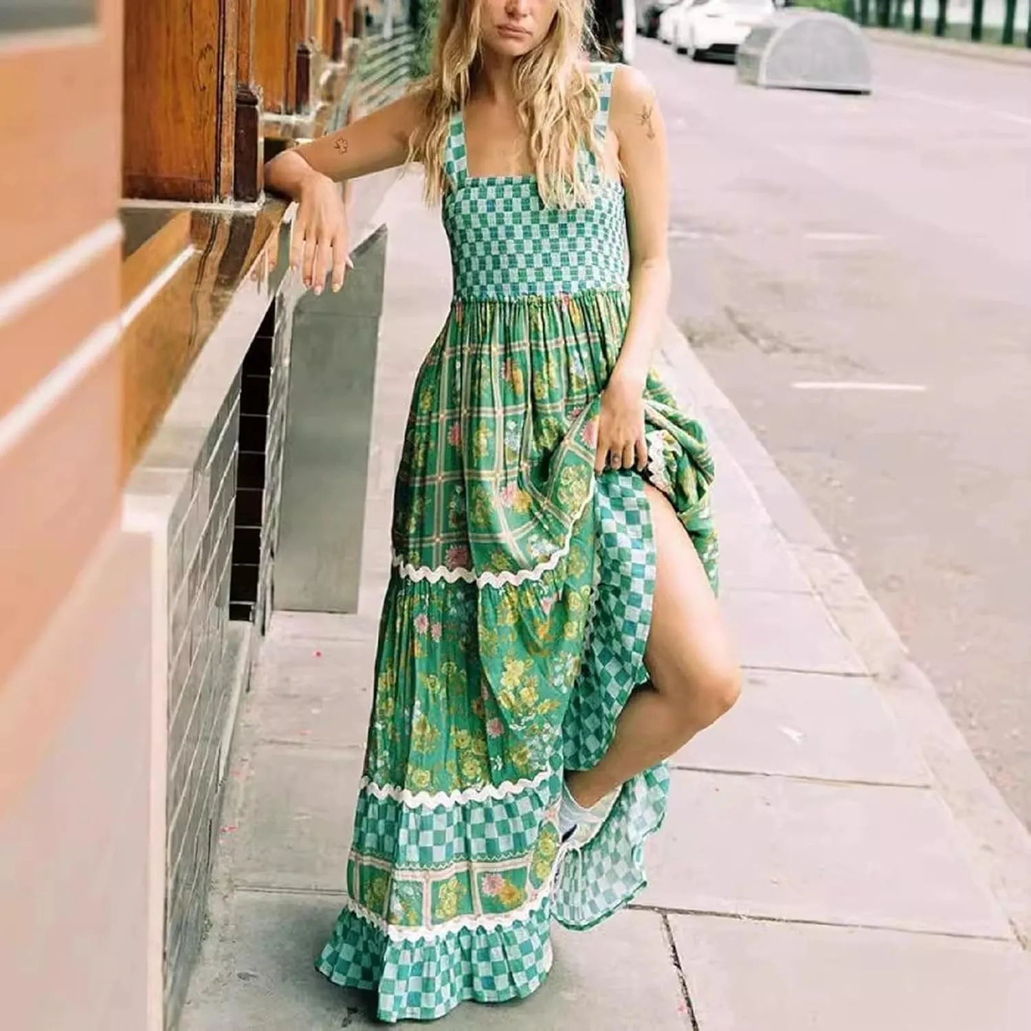 Women Boho Floral Long Dress Graffiti Backless Cami Dress Flowy Sleeveless Maxi Sundress Summer Holiday Beachwear