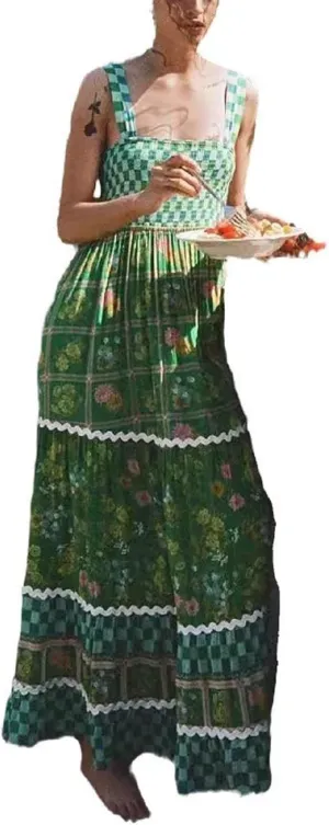 Women Boho Floral Long Dress Graffiti Backless Cami Dress Flowy Sleeveless Maxi Sundress Summer Holiday Beachwear