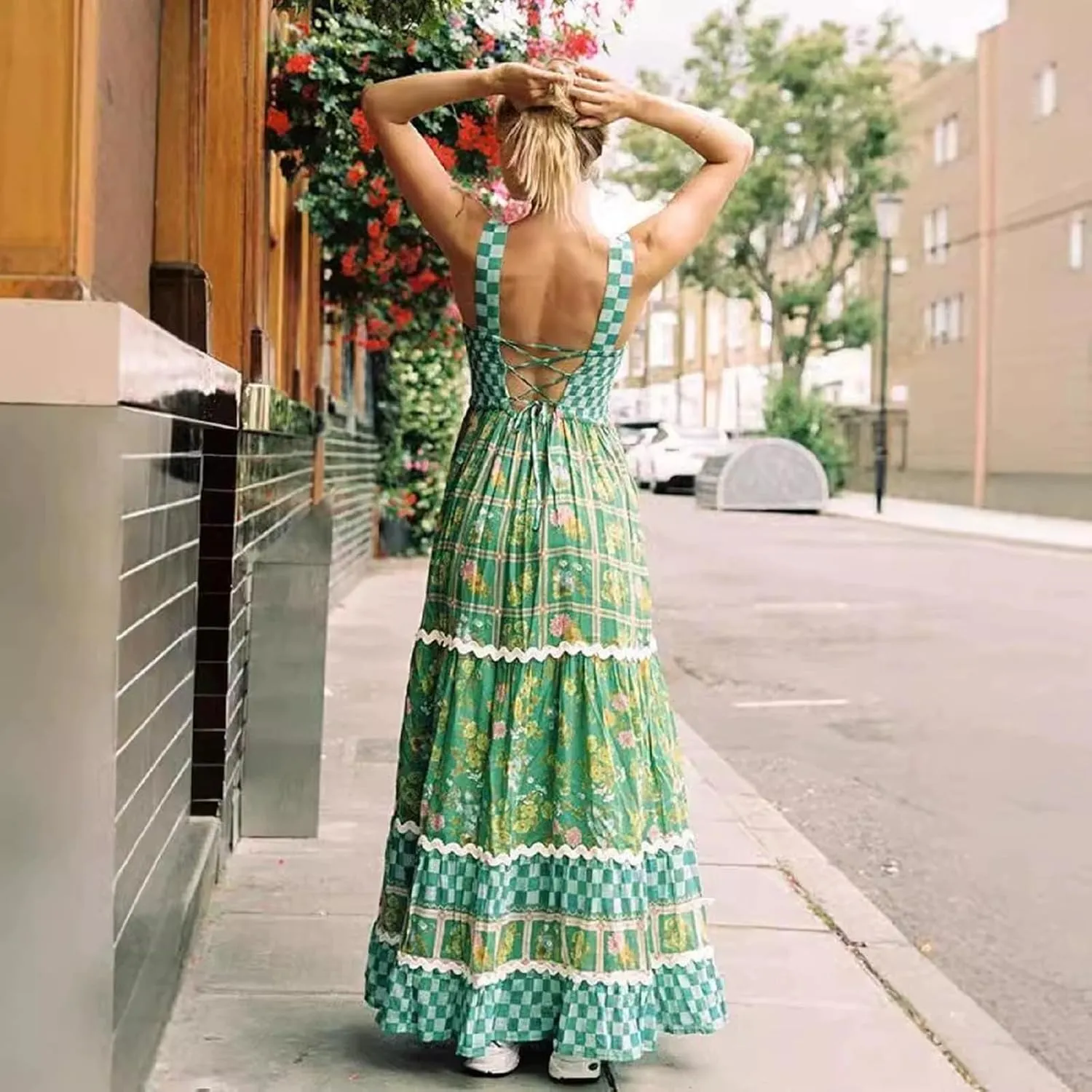 Women Boho Floral Long Dress Graffiti Backless Cami Dress Flowy Sleeveless Maxi Sundress Summer Holiday Beachwear
