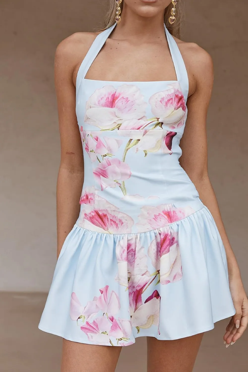 Women Halter Mini Dress Floral Flowy Backless Ruched Ruffle Short Dress Y2K Low Cut Sleeveless Bodycon Sundress