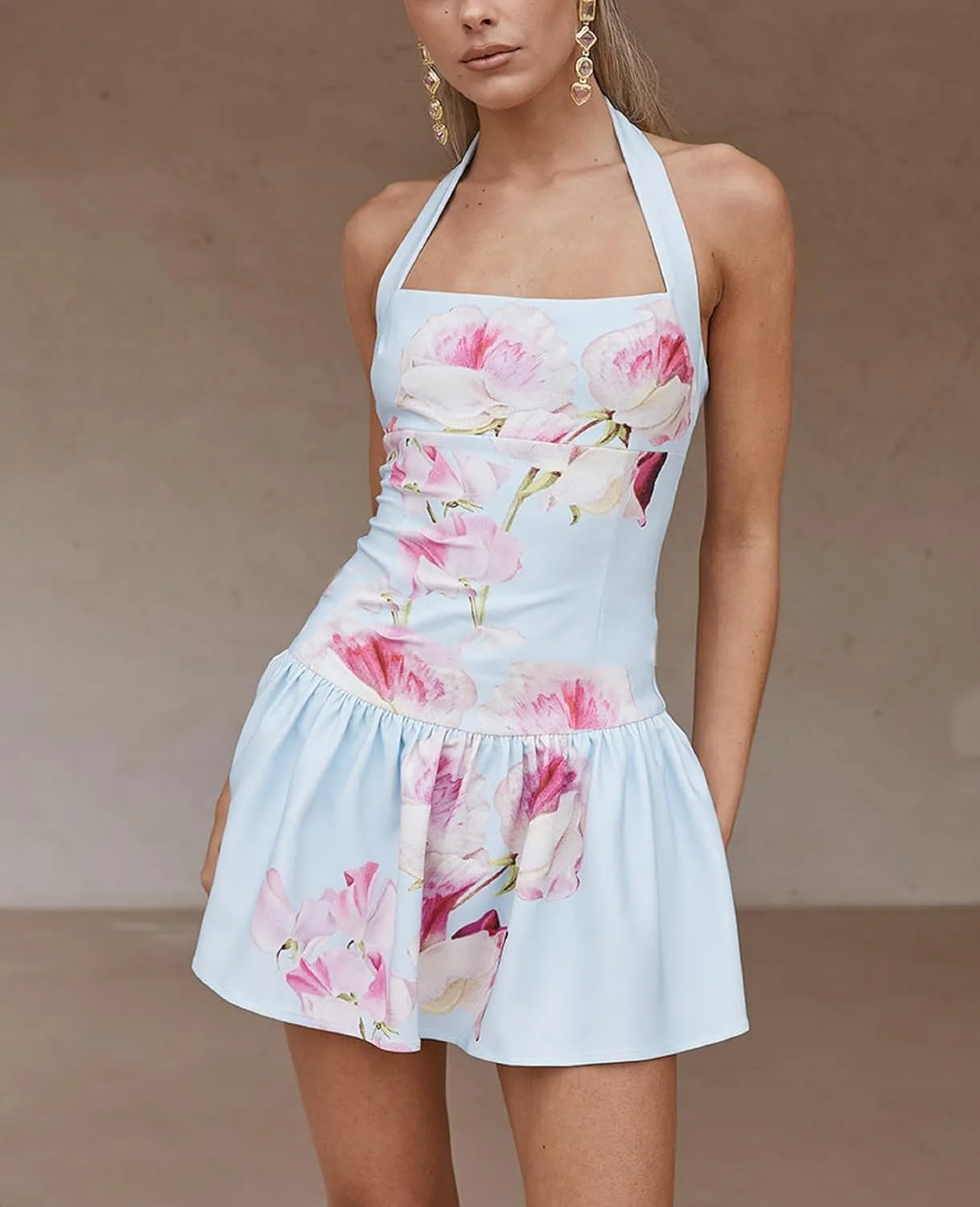 Women Halter Mini Dress Floral Flowy Backless Ruched Ruffle Short Dress Y2K Low Cut Sleeveless Bodycon Sundress