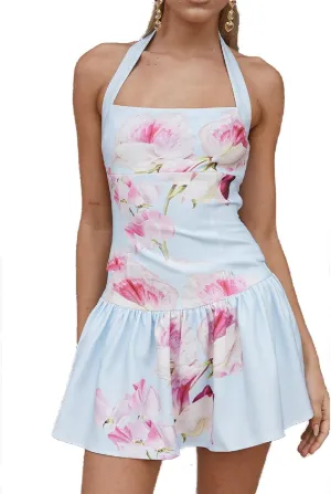Women Halter Mini Dress Floral Flowy Backless Ruched Ruffle Short Dress Y2K Low Cut Sleeveless Bodycon Sundress
