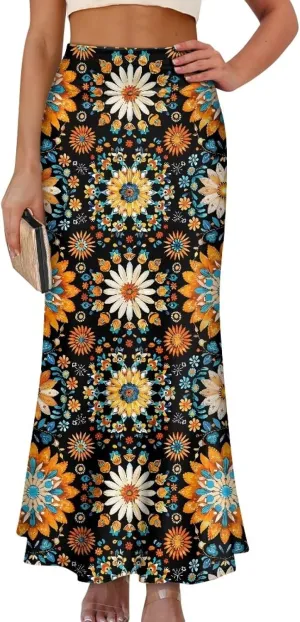 Women High Waist Elastic Long Skirts A-Line Flared Maxi Skirts Bodycon Midi Skirt Fall Skirt Pencil Skirt for Lady