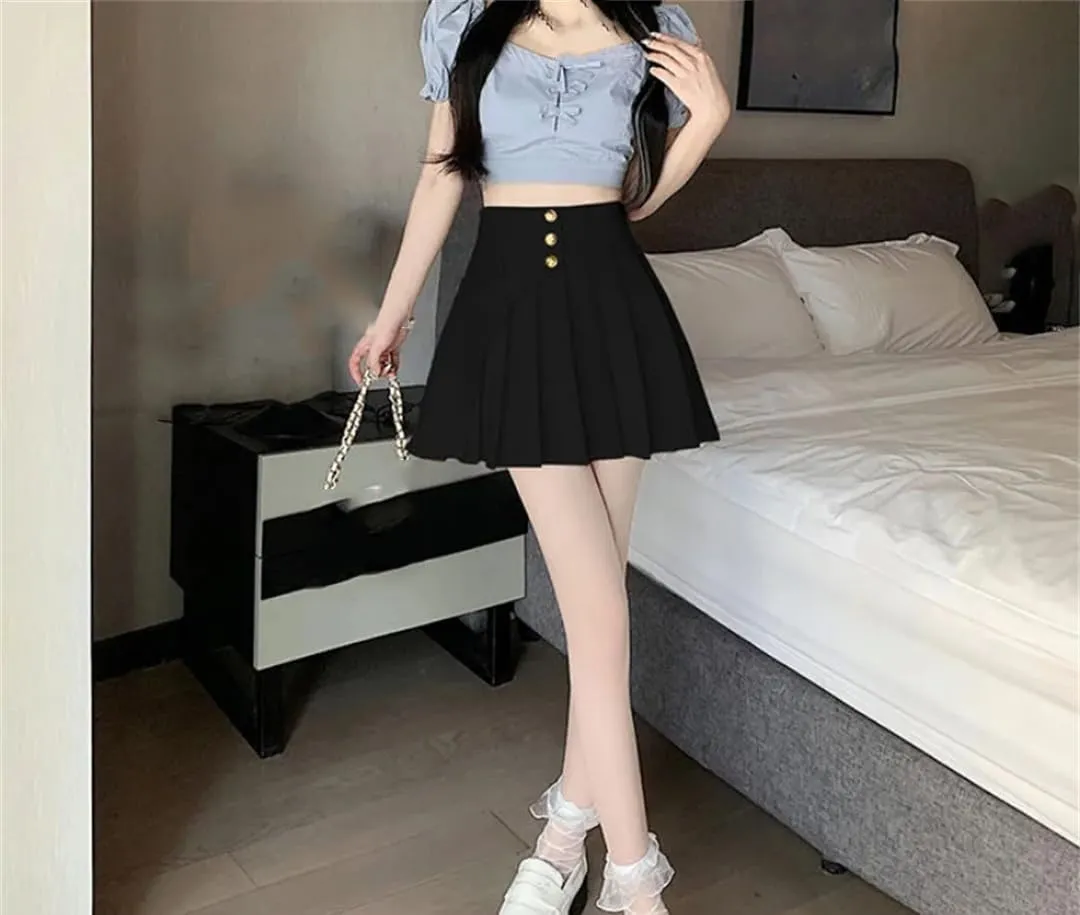 Women High Waist Pleated Mini Skirt Basic Casual Flared Flowy Skirt