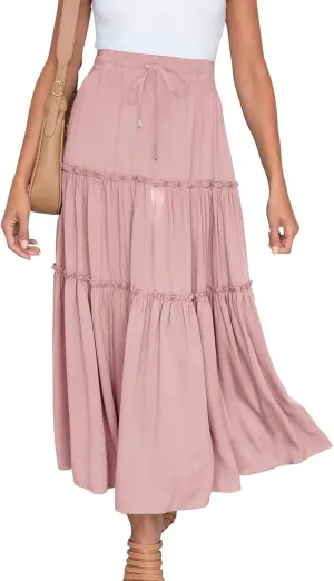 Women High Waisted Maxi Skirt A-Line Pleated Midi Length Flowy Casual Long Skirts Business Work Skirts with Pockets