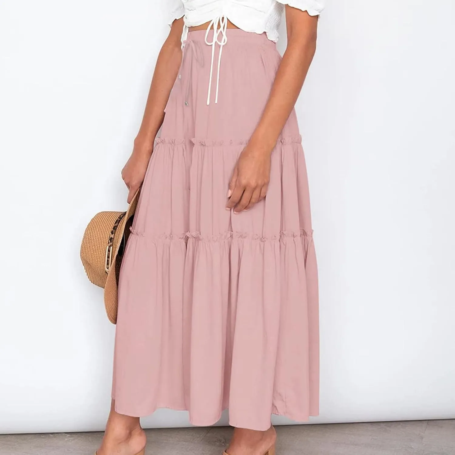 Women High Waisted Maxi Skirt A-Line Pleated Midi Length Flowy Casual Long Skirts Business Work Skirts with Pockets