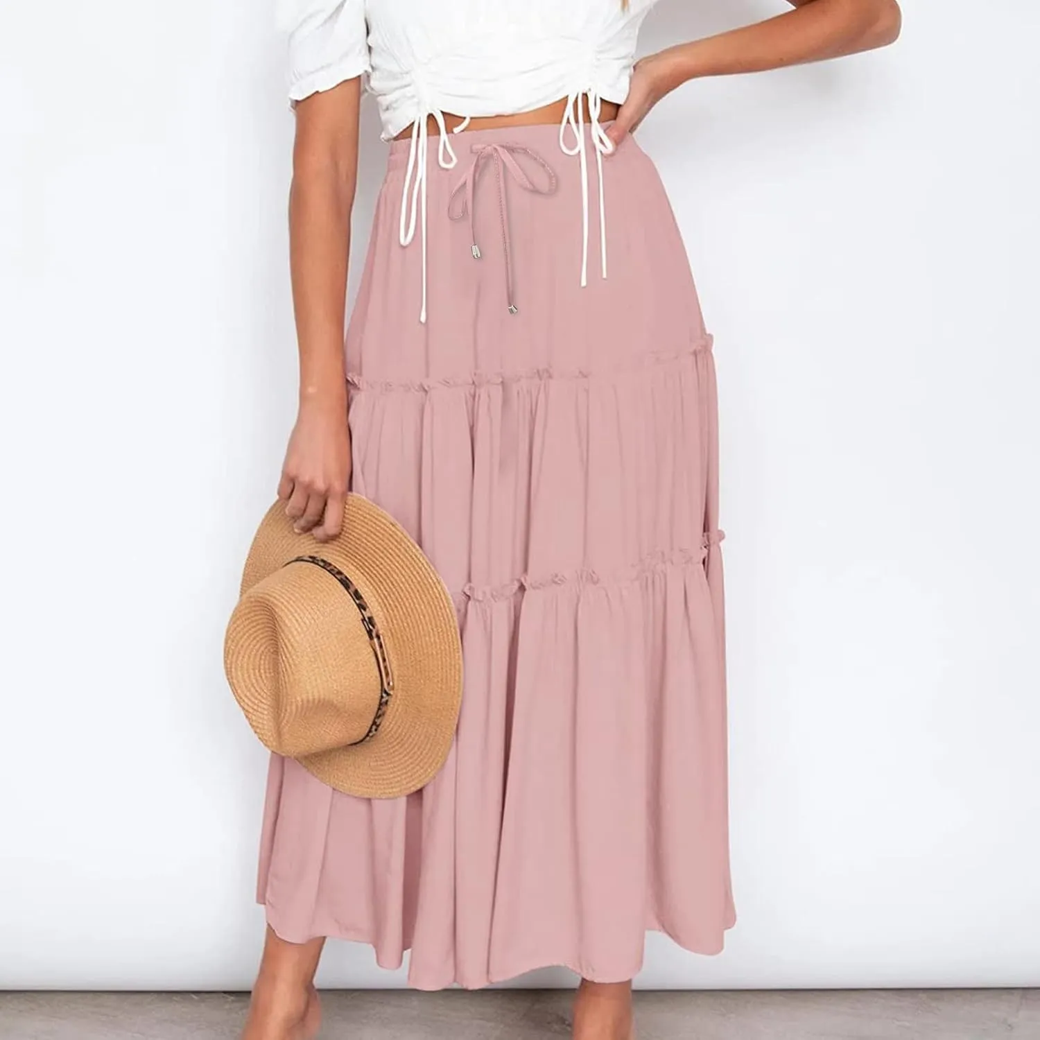 Women High Waisted Maxi Skirt A-Line Pleated Midi Length Flowy Casual Long Skirts Business Work Skirts with Pockets