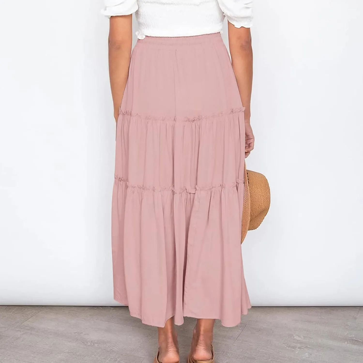 Women High Waisted Maxi Skirt A-Line Pleated Midi Length Flowy Casual Long Skirts Business Work Skirts with Pockets