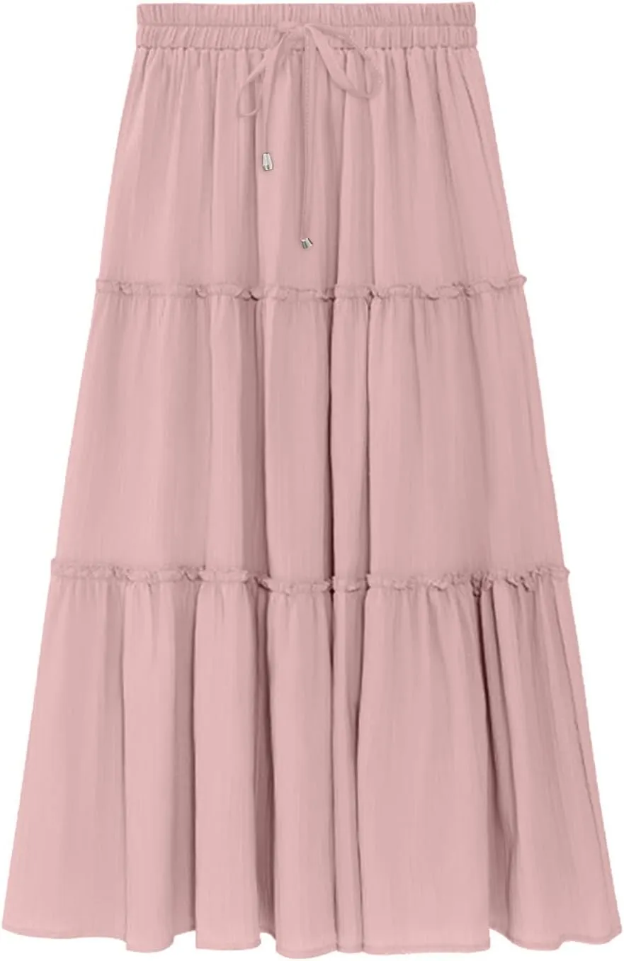 Women High Waisted Maxi Skirt A-Line Pleated Midi Length Flowy Casual Long Skirts Business Work Skirts with Pockets