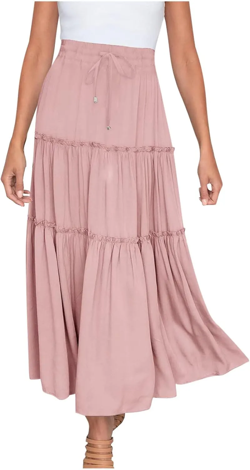 Women High Waisted Maxi Skirt A-Line Pleated Midi Length Flowy Casual Long Skirts Business Work Skirts with Pockets