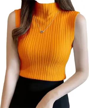 Women Knitted Camisole Wear Half High Neck Bottoming Shirt Short Knitwear Tight Sleeveless Top