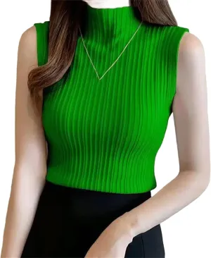 Women Knitted Camisole Wear Half High Neck Bottoming Shirt Short Knitwear Tight Sleeveless Top