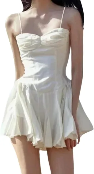 Women Lace Short Bodycon Dresses Spaghetti Strap Low Cut Ruffle A-Line Mini Dress Backless Short Sundress Y2K Clubwear