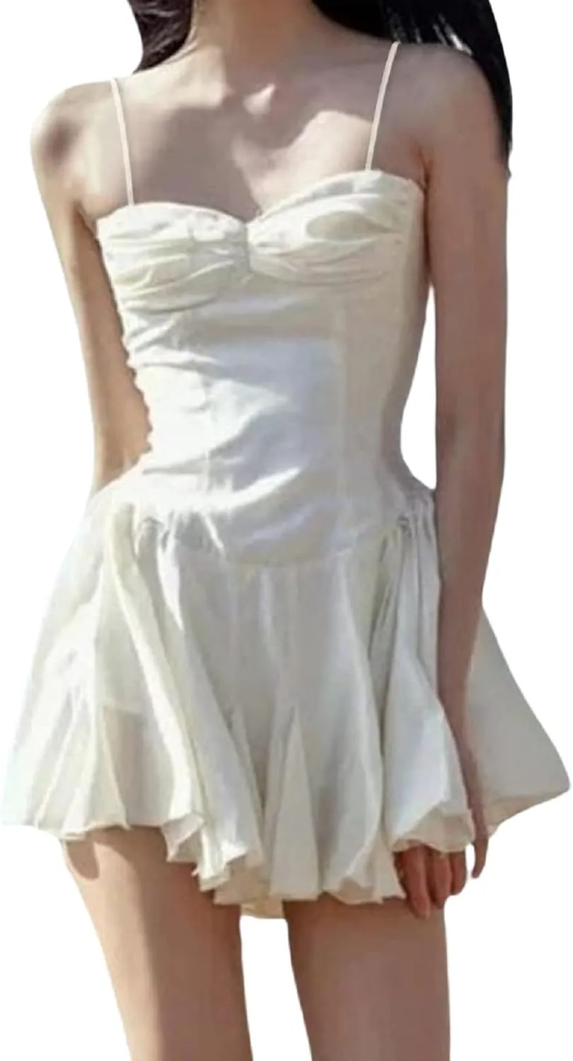 Women Lace Short Bodycon Dresses Spaghetti Strap Low Cut Ruffle A-Line Mini Dress Backless Short Sundress Y2K Clubwear