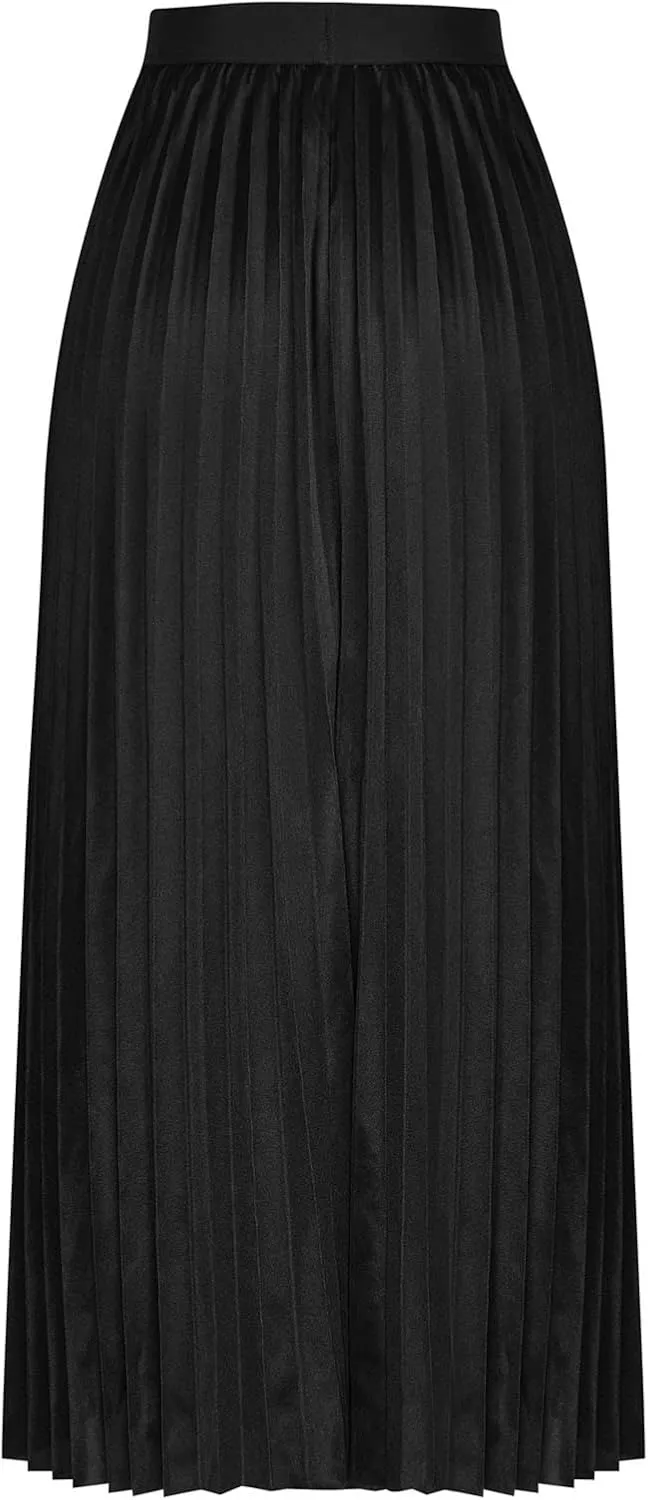 Women Silk Satin Pleated Midi Skirt High Waist Versatile Flowy Ruffle Swing Skirts Lightweight Casual Flared Skirt