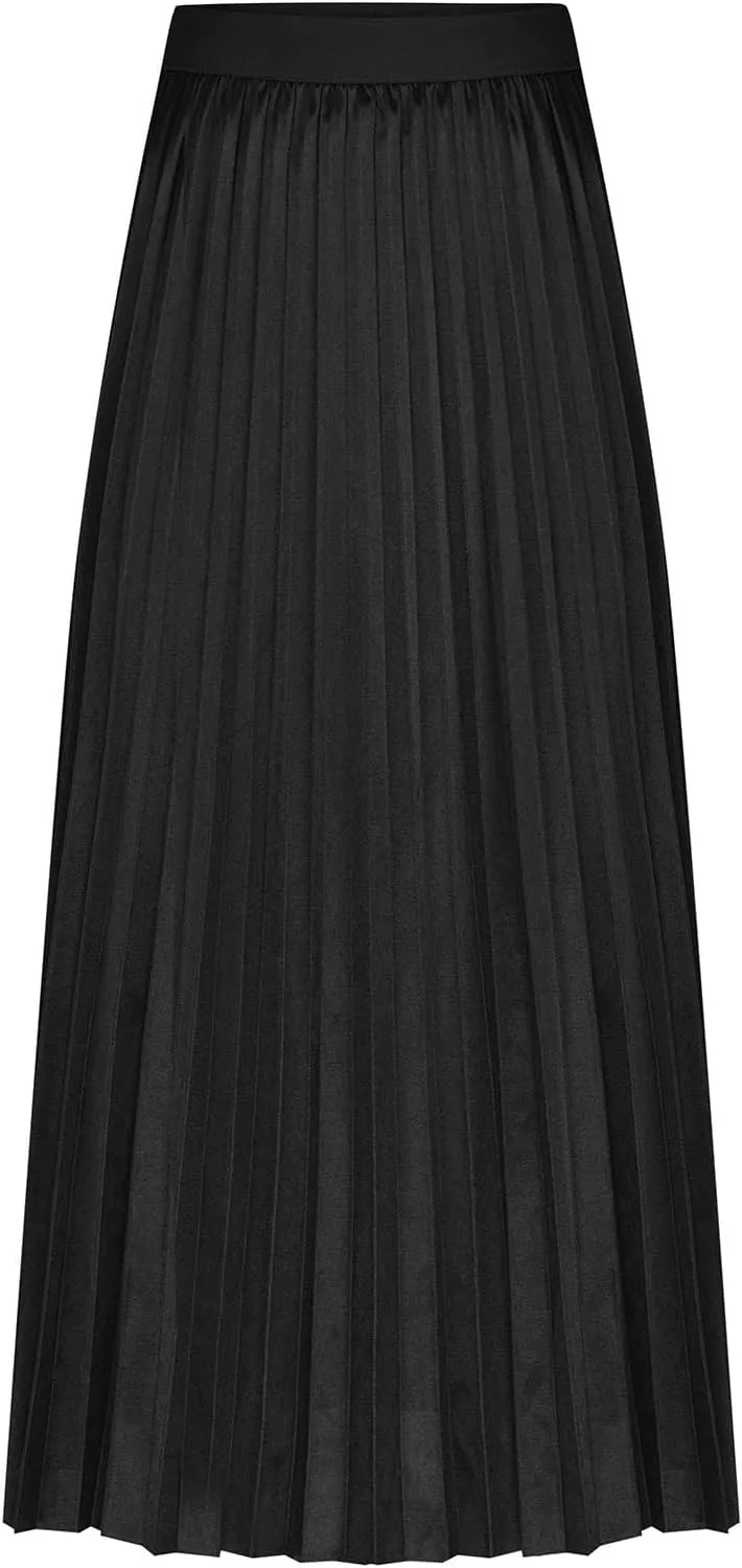 Women Silk Satin Pleated Midi Skirt High Waist Versatile Flowy Ruffle Swing Skirts Lightweight Casual Flared Skirt