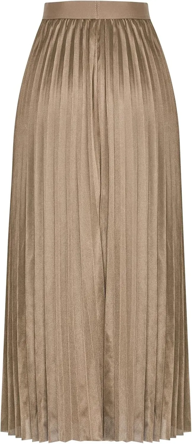Women Silk Satin Pleated Midi Skirt High Waist Versatile Flowy Ruffle Swing Skirts Lightweight Casual Flared Skirt
