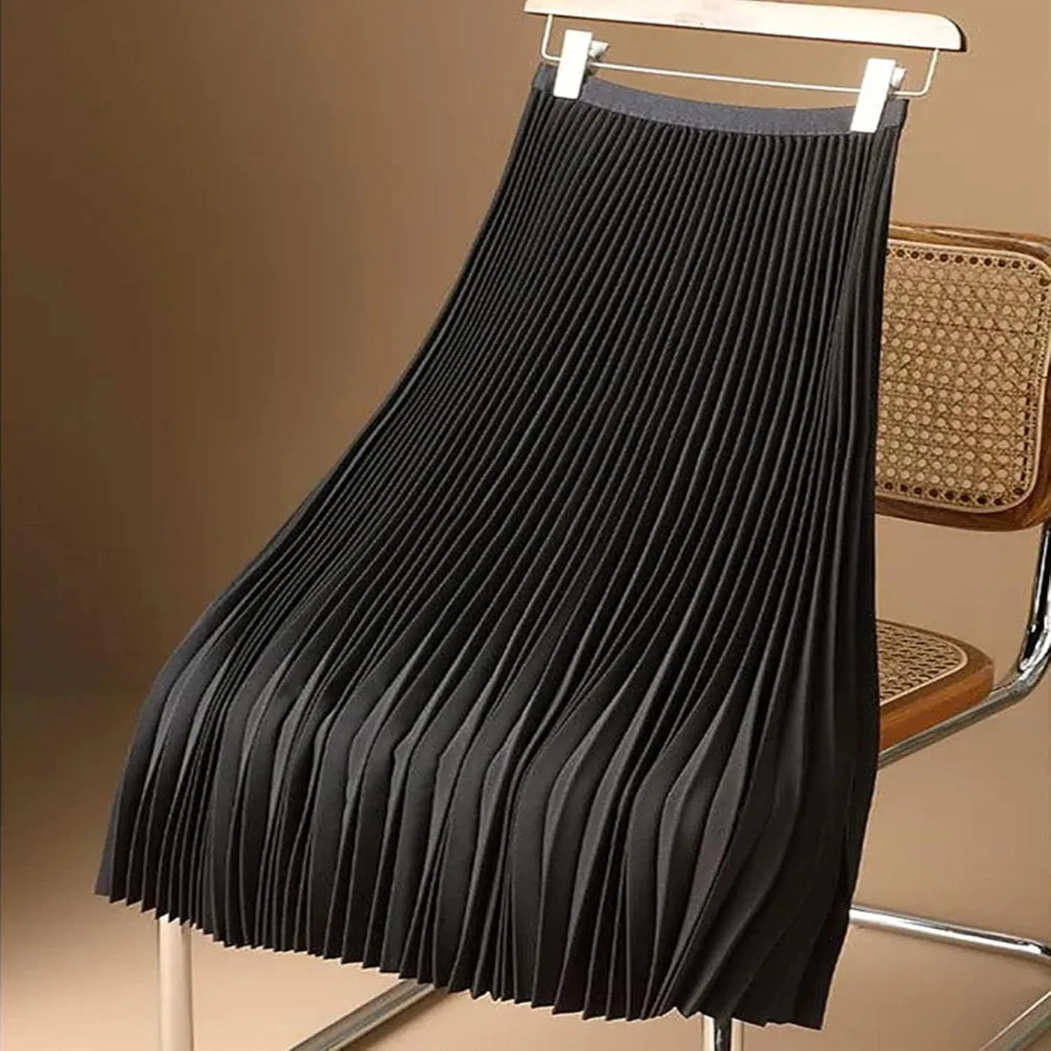Women Silk Satin Pleated Midi Skirt High Waist Versatile Flowy Ruffle Swing Skirts Lightweight Casual Flared Skirt