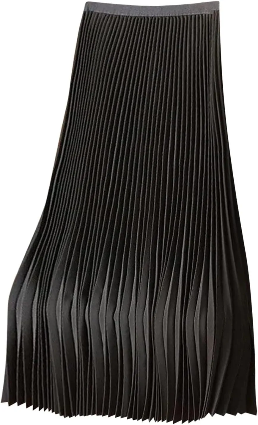 Women Silk Satin Pleated Midi Skirt High Waist Versatile Flowy Ruffle Swing Skirts Lightweight Casual Flared Skirt