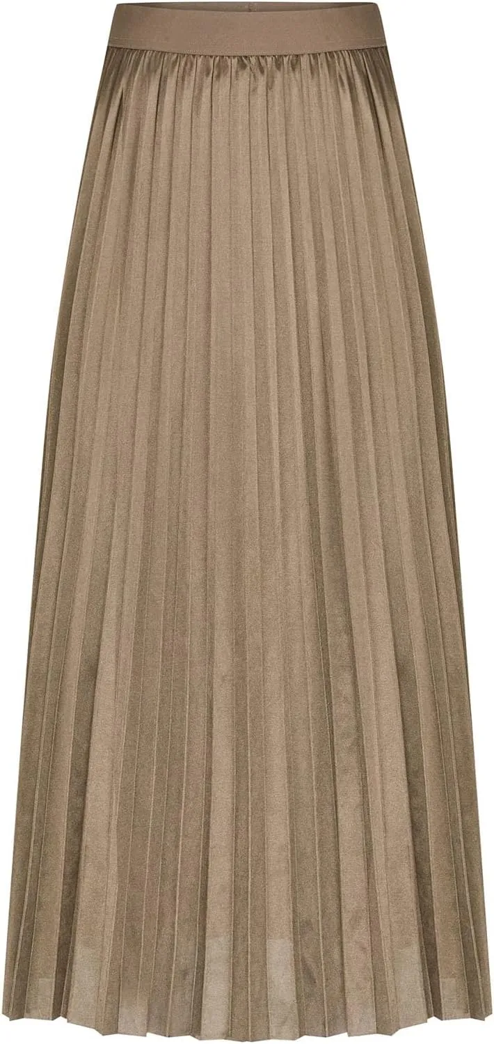 Women Silk Satin Pleated Midi Skirt High Waist Versatile Flowy Ruffle Swing Skirts Lightweight Casual Flared Skirt