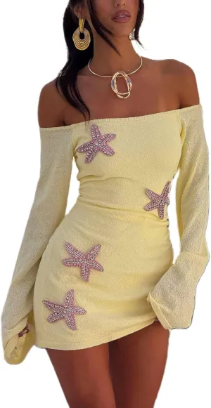 Women Starfish Sequin Mini Dress Off Shoulder Long Sleeve Knit Short Dress Summer Beach Vacation Dresses